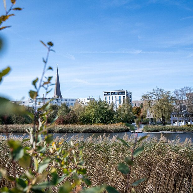 Panoramic view of the city of Rostock and the Warnow river