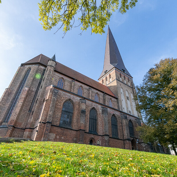 Historic church tower and brick architecture in Rostock
